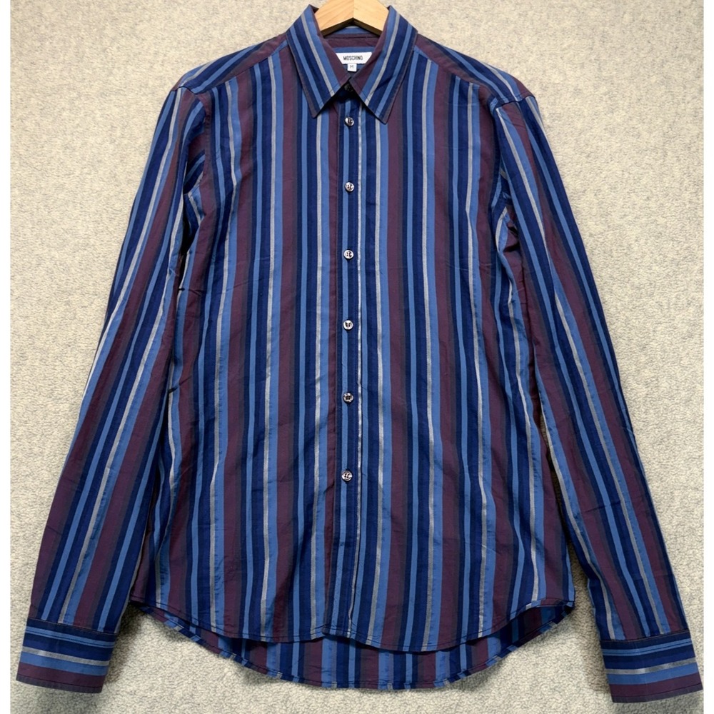 Moschino Mens Button Up Shirt Blue Maroon Striped Long Sleeve Classic Preppy M
